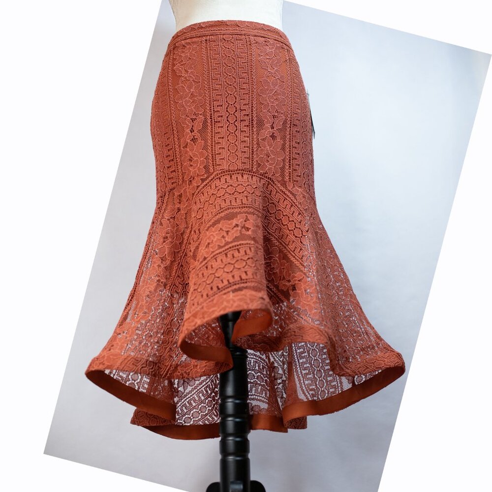 NWT Lulus In High Spirits Rust Red Lace Mermaid Midi Skirt Size XS